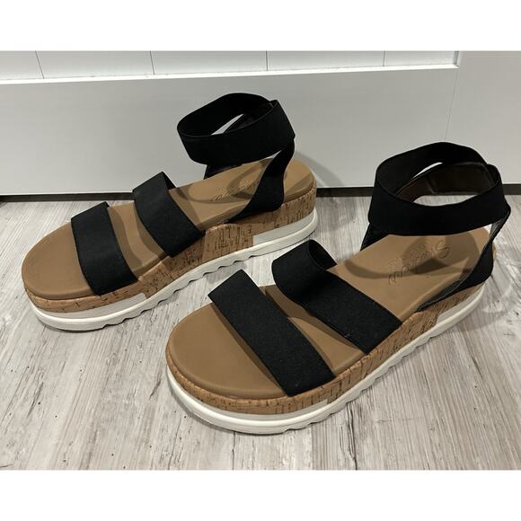 Skechers Luxe Foam Sandals Size 8 Boho Cork Wedge Heel Black Stretchy Straps - Picture 2 of 9